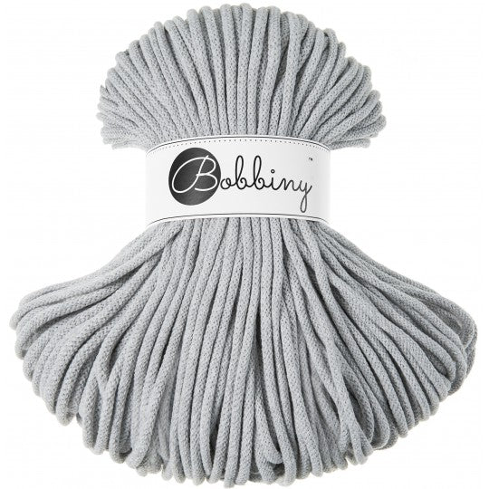 Bobbiny braided cotton cord, 5mm and 100m, in light grey