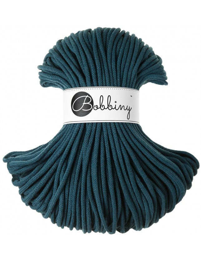 Bobbiny braided cotton cord, 5mm and 100m, in peacock blue
