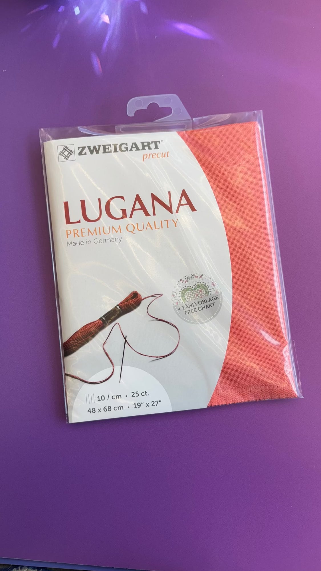 Zweigart Lugana cross-stitch fabric in coral, 3835/4018