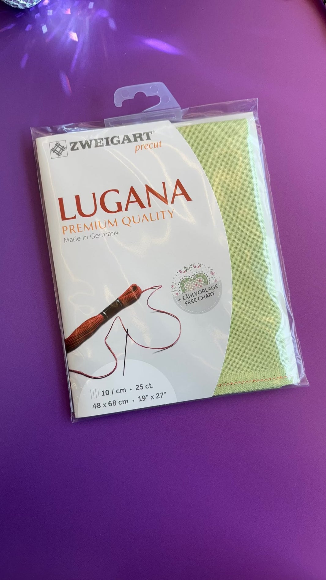 Zweigart Lugana cross-stitch fabric in light green, 3835/140