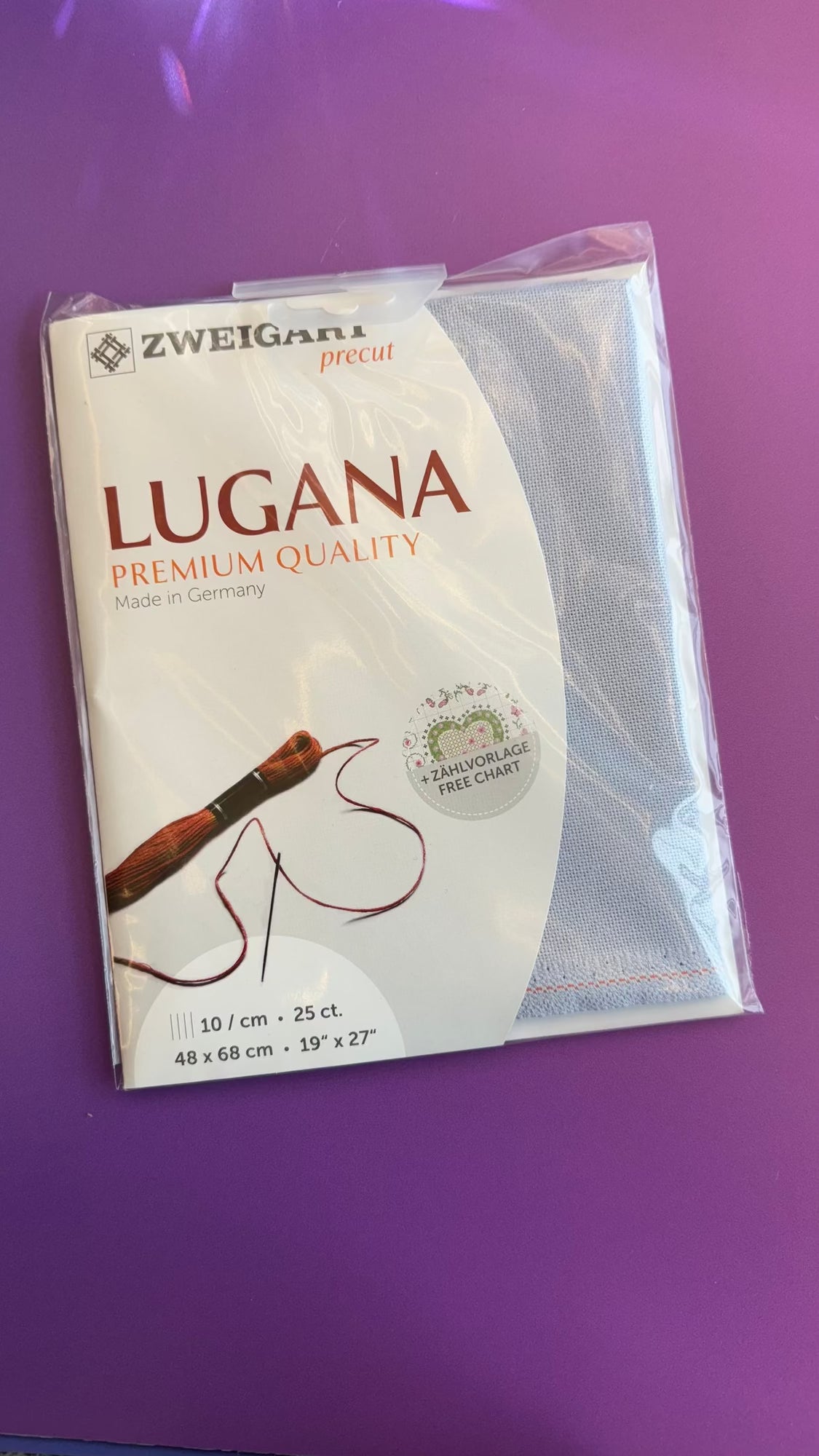 Zweigart Lugana cross-stitch fabric in sky blue, 3835/501