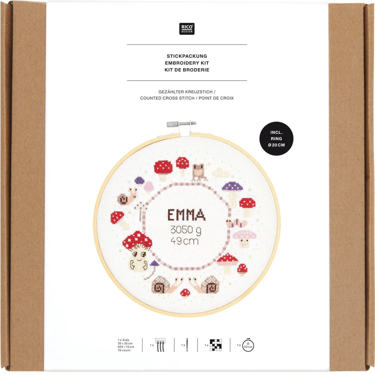Kreuzstich-Stickset 'Birth Picture Mushroom', 20cm von Rico Design