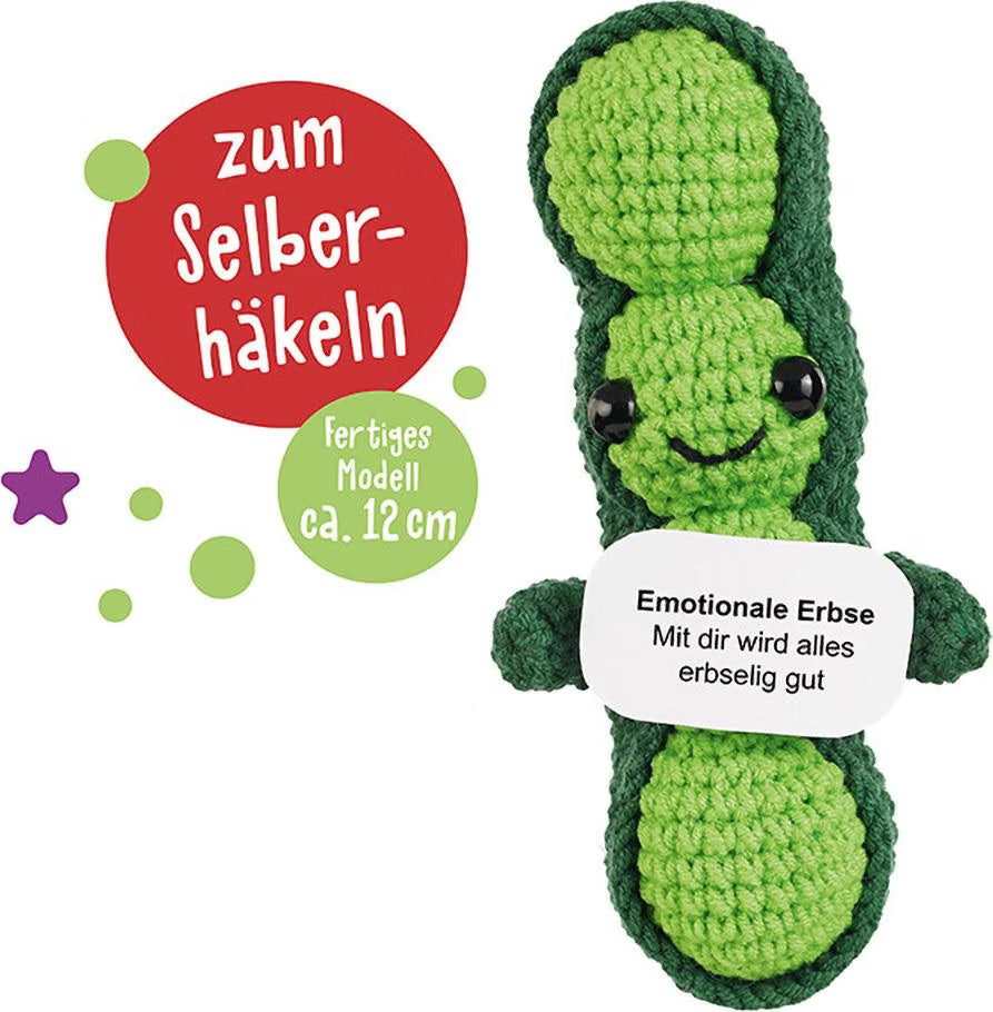 Crocheted pea plushie from the Emotional Support Veggies kit
