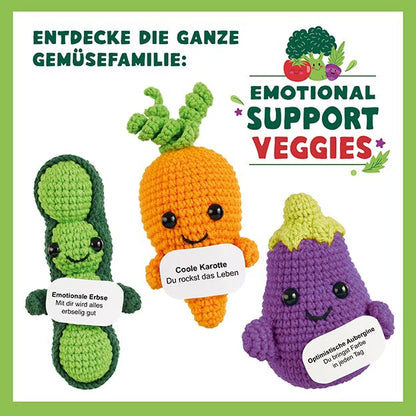 Crocheted pea plushie detail with smiling face