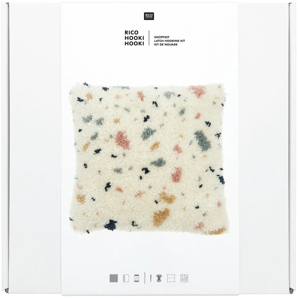 Latch hook rug kit with terrazzo cushion design by Rico Design