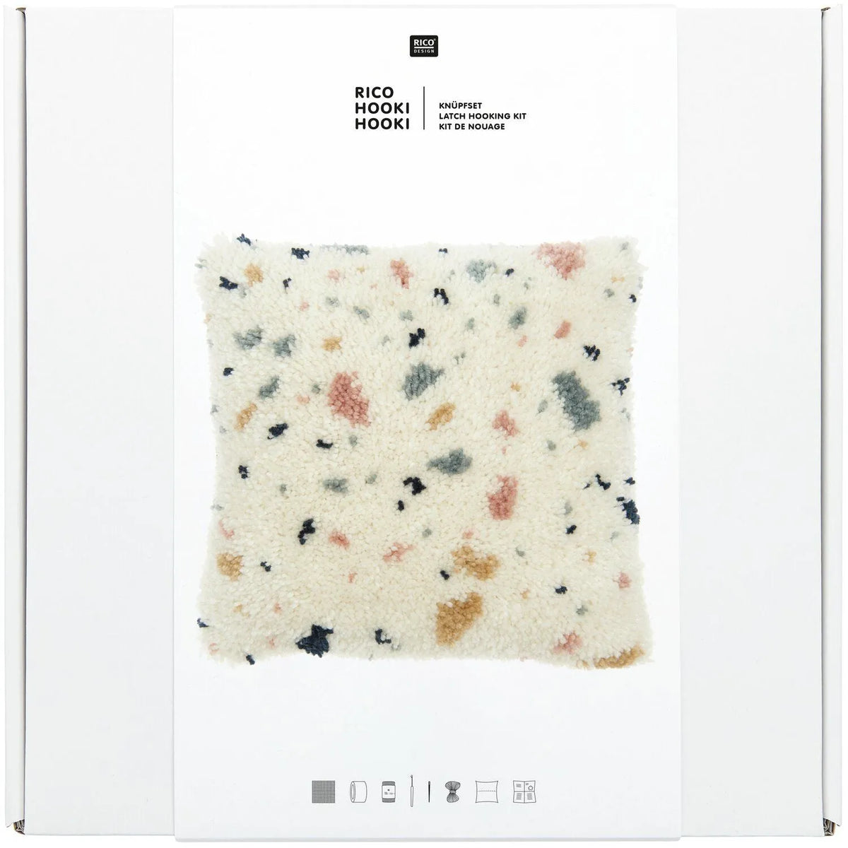 Latch hook rug kit with terrazzo cushion design by Rico Design