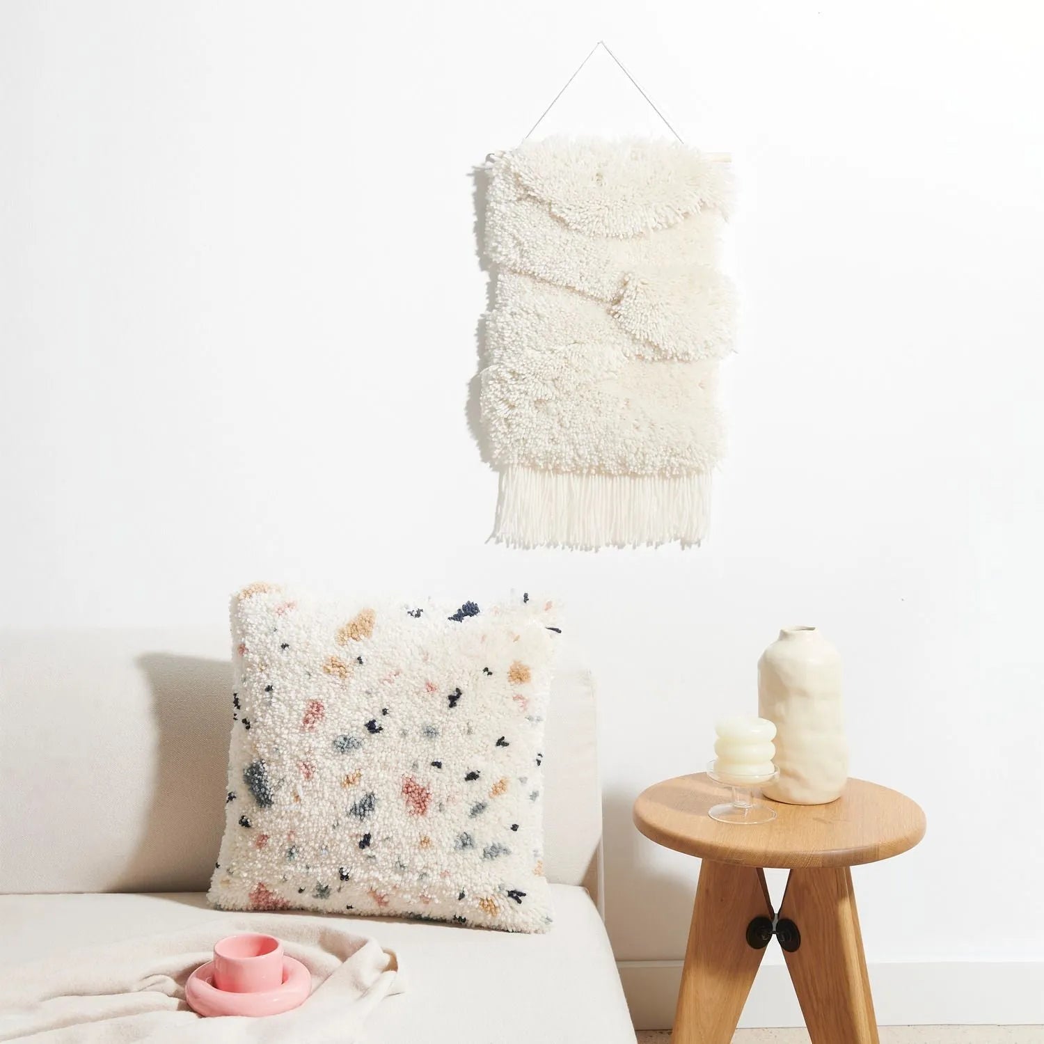 Latch hook rug kit with terrazzo cushion design by Rico Design