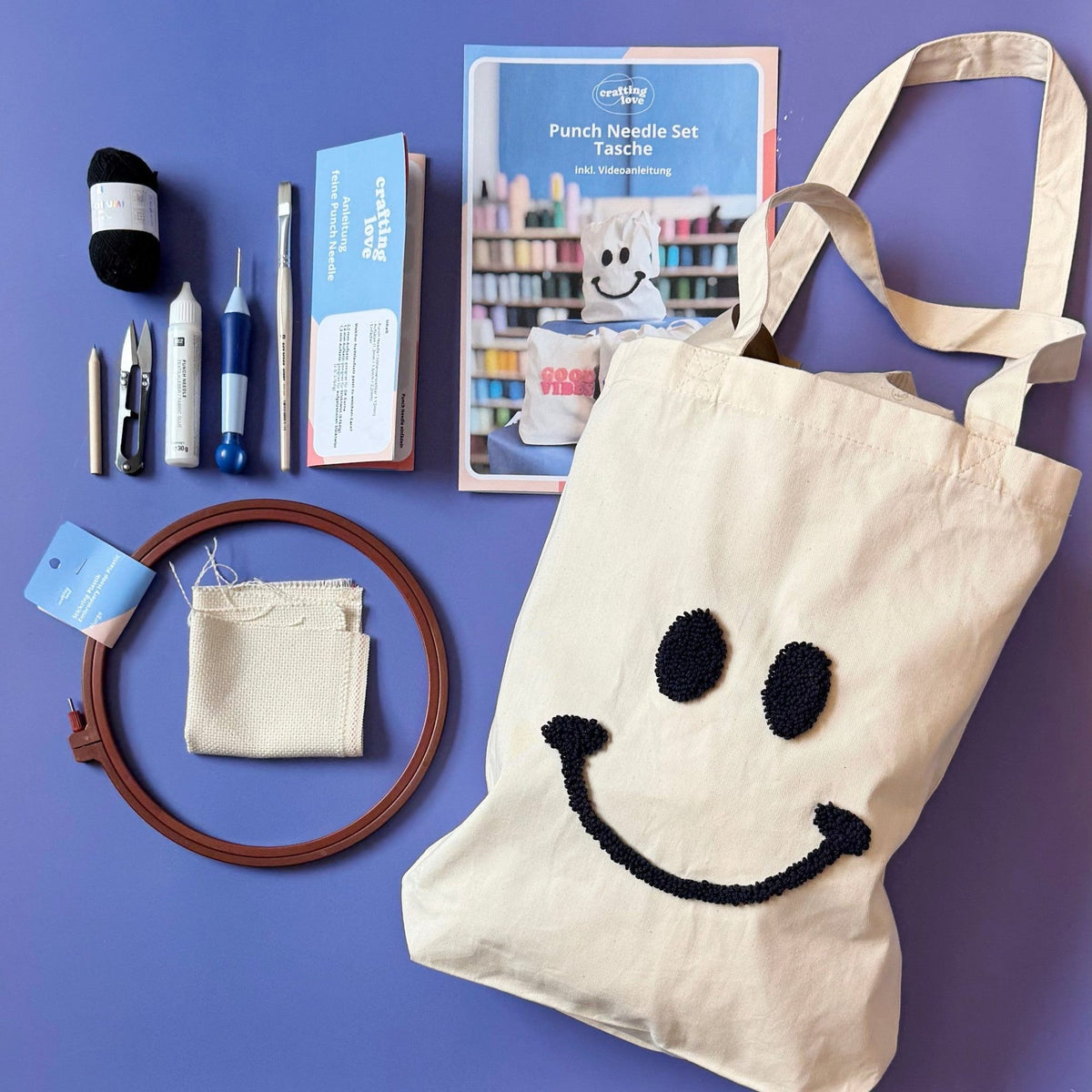 Craftinglove punch needle set for a smiley tote bag