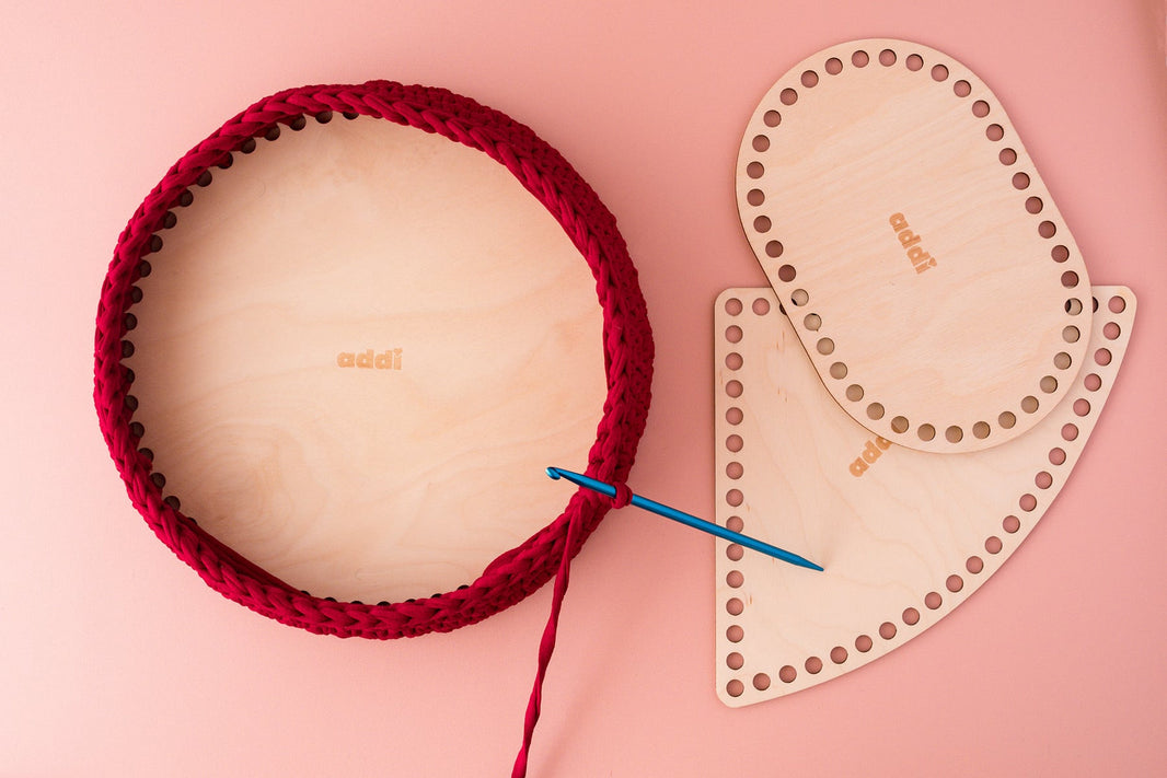 Addi Shapes wooden bases styled with crochet baskets